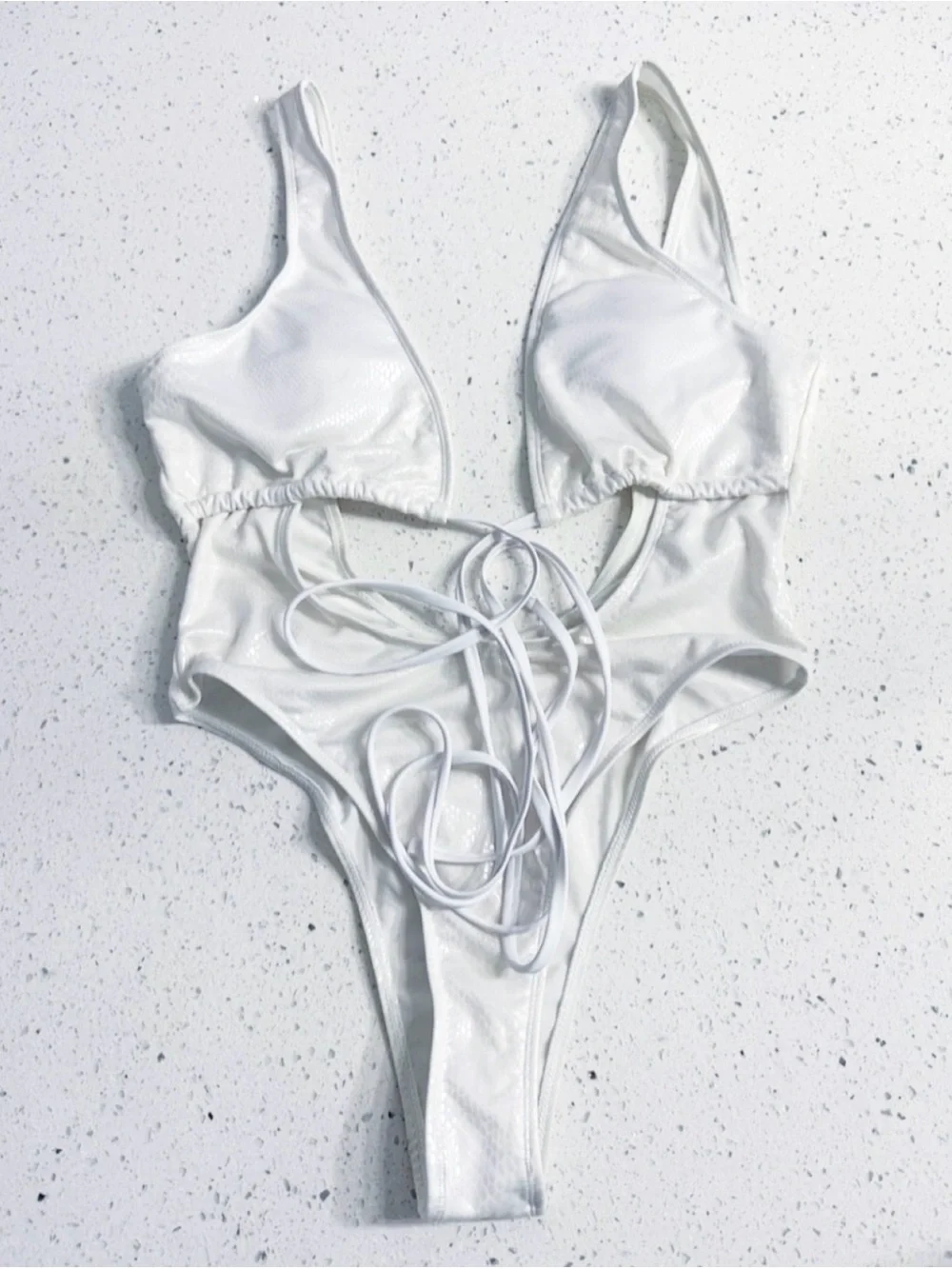 White Snakeskin Shimmer Cutout One-Piece Swimsuit Size M Open Back - Picture 6 of 9